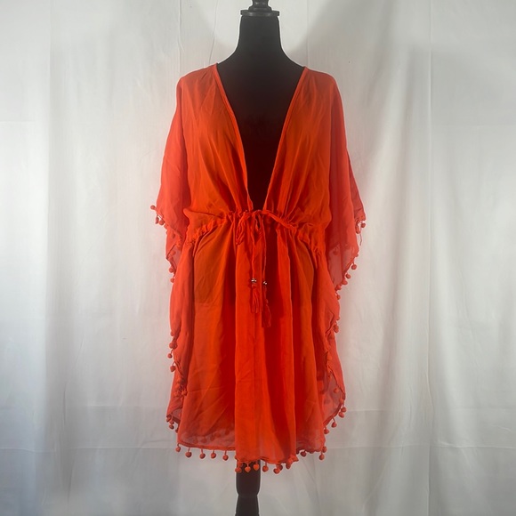 Tops - Orange Bathingsuit cover,Tunic,Sheer, Vneck,Adjustable tie waist,Tassels, XL